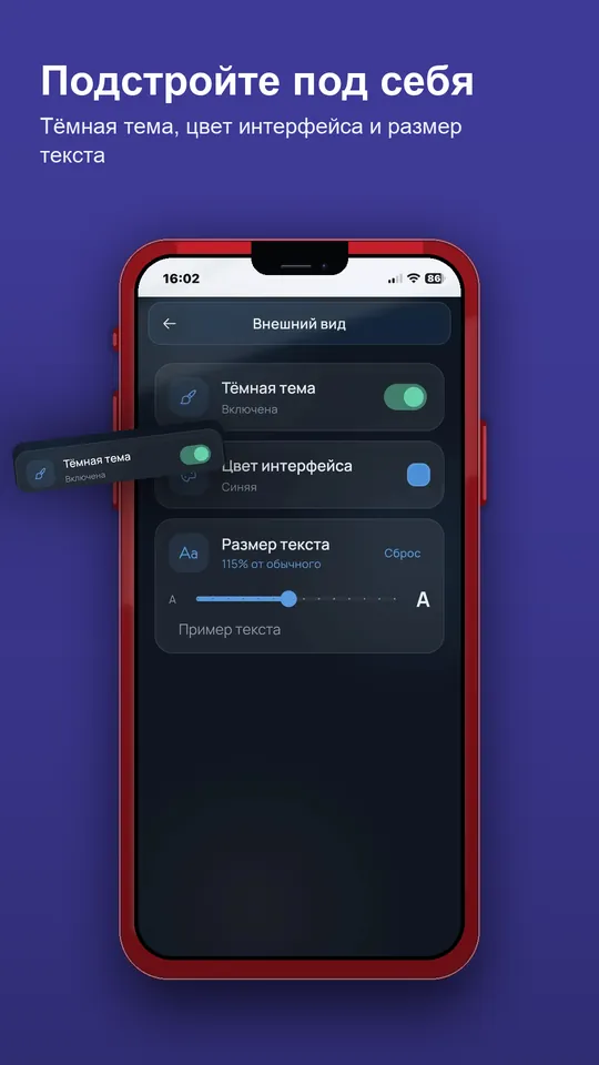 Appearance settings: dark theme, accent colour, text size