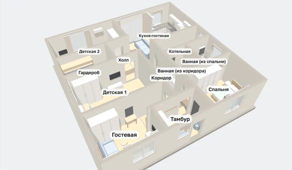 Трёхмерный вид каркасного дома 12 × 12 м сверху с мебелью
