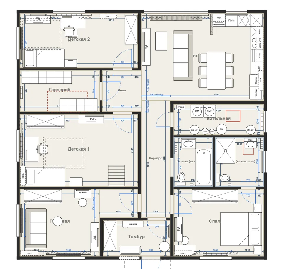 План расстановки мебели каркасного дома 12 × 12 м